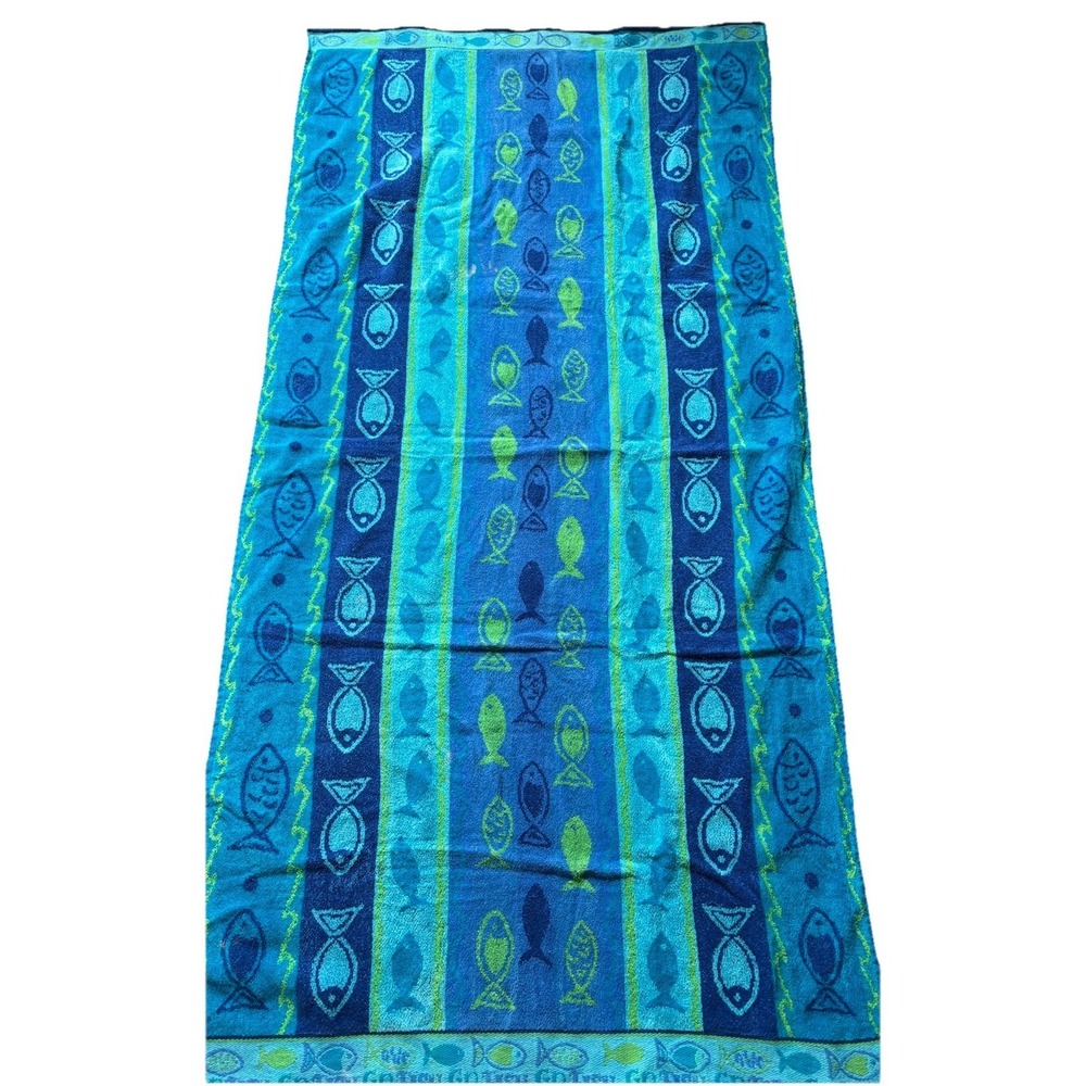 Vintage Go Fish Cotton Beach Towel Blue Green 31 X 61" Beach Pool Swim